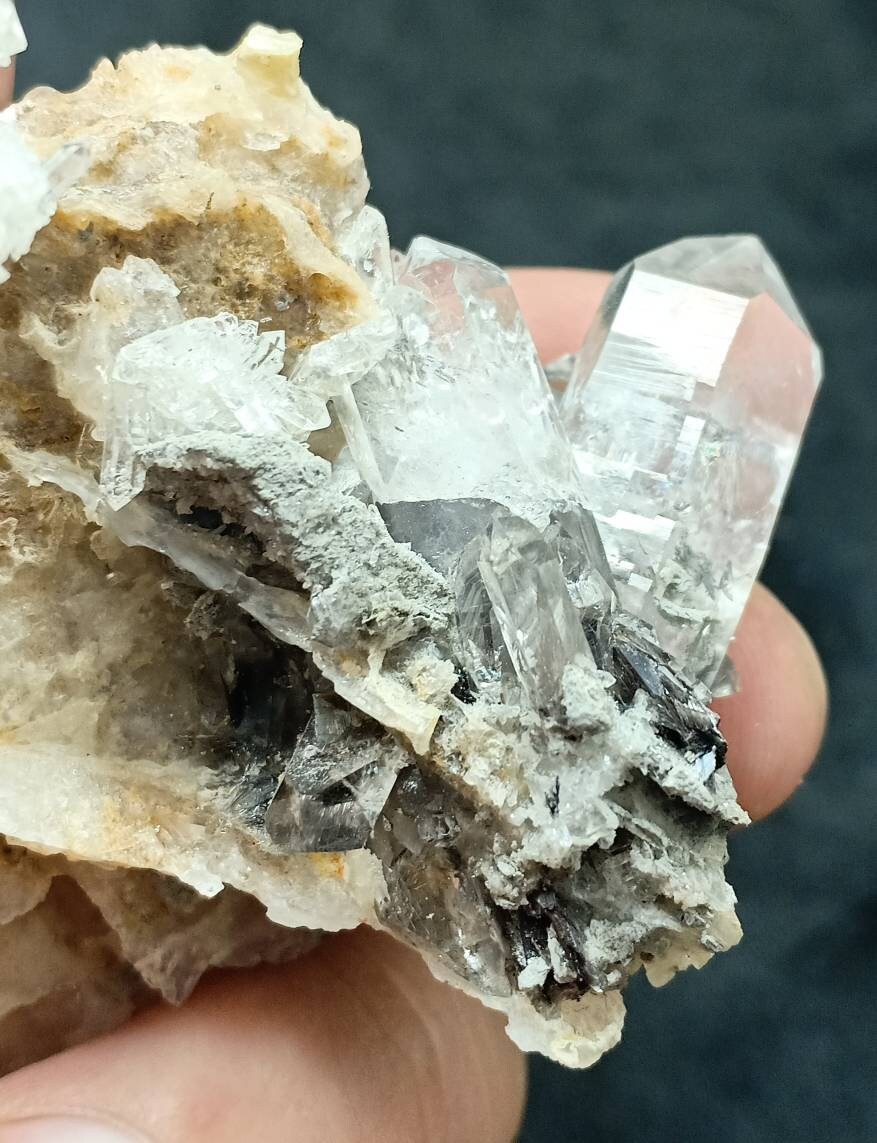 Single beautiful brookite included Quartz Crystals cluster on matrix of calcite 61 grams