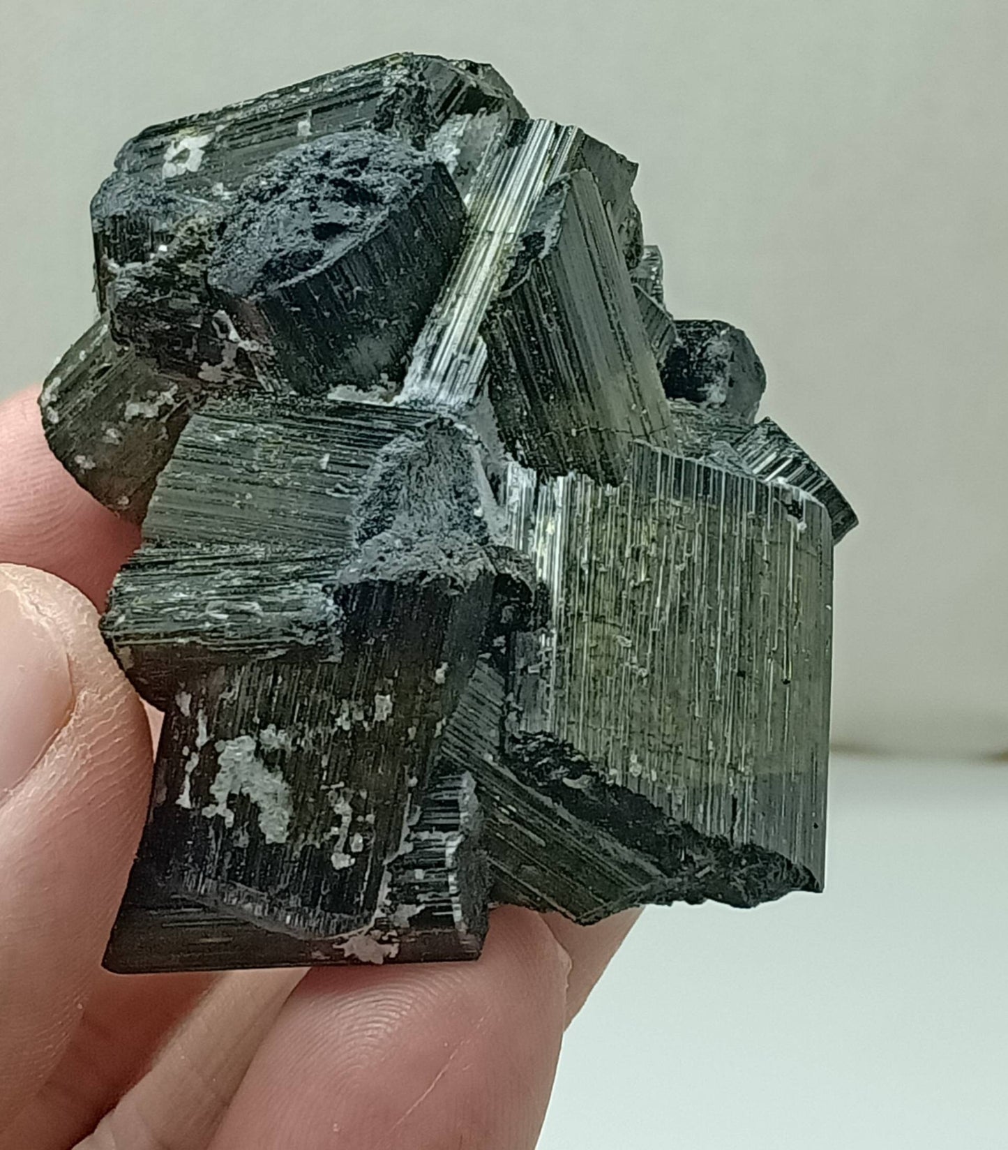 Dark green color Tourmaline crystals cluster with chatoyance effect 106 grams