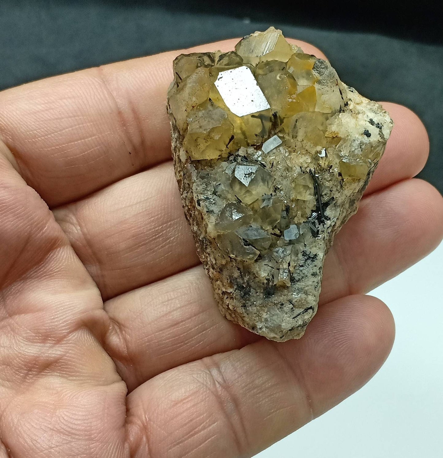 Astrophyllite included terminated Quartz Crystals cluster with aegirine inclusions on matrix of granite 66 grams