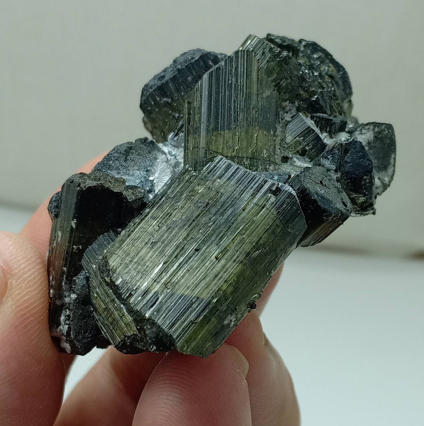 Dark green color Tourmaline crystals cluster with chatoyance effect 106 grams