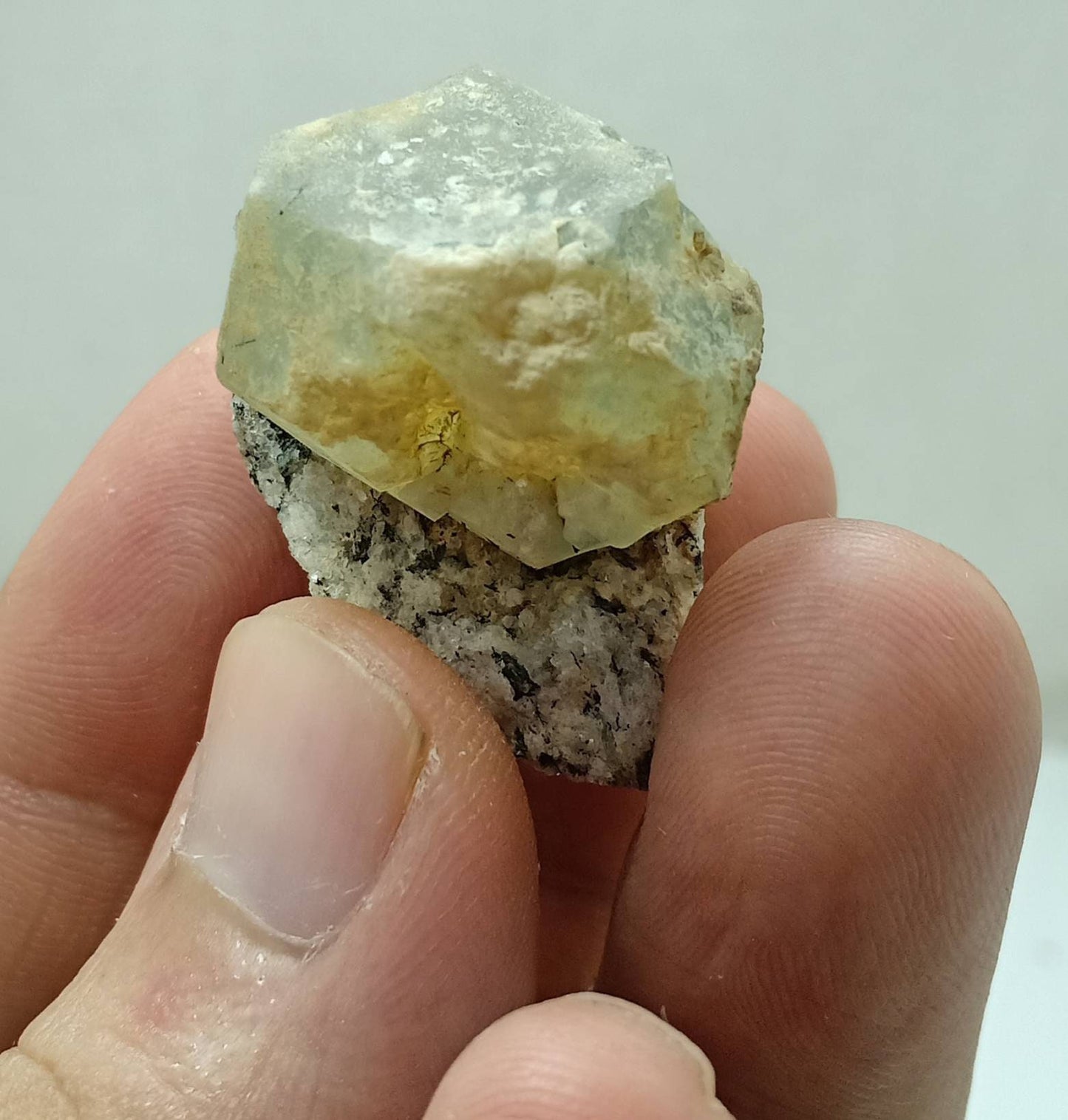 Green Fluorite Crystal specimen on matrix of granite and aegirine inclusions 27 grams