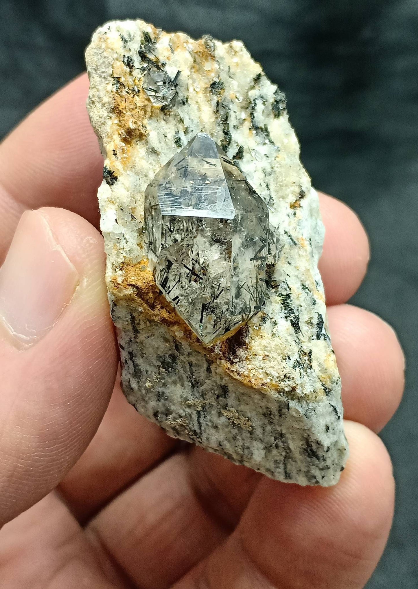An amazing specimen of aegirine included double terminated Quartz Crystal on matrix of granite 41 grams