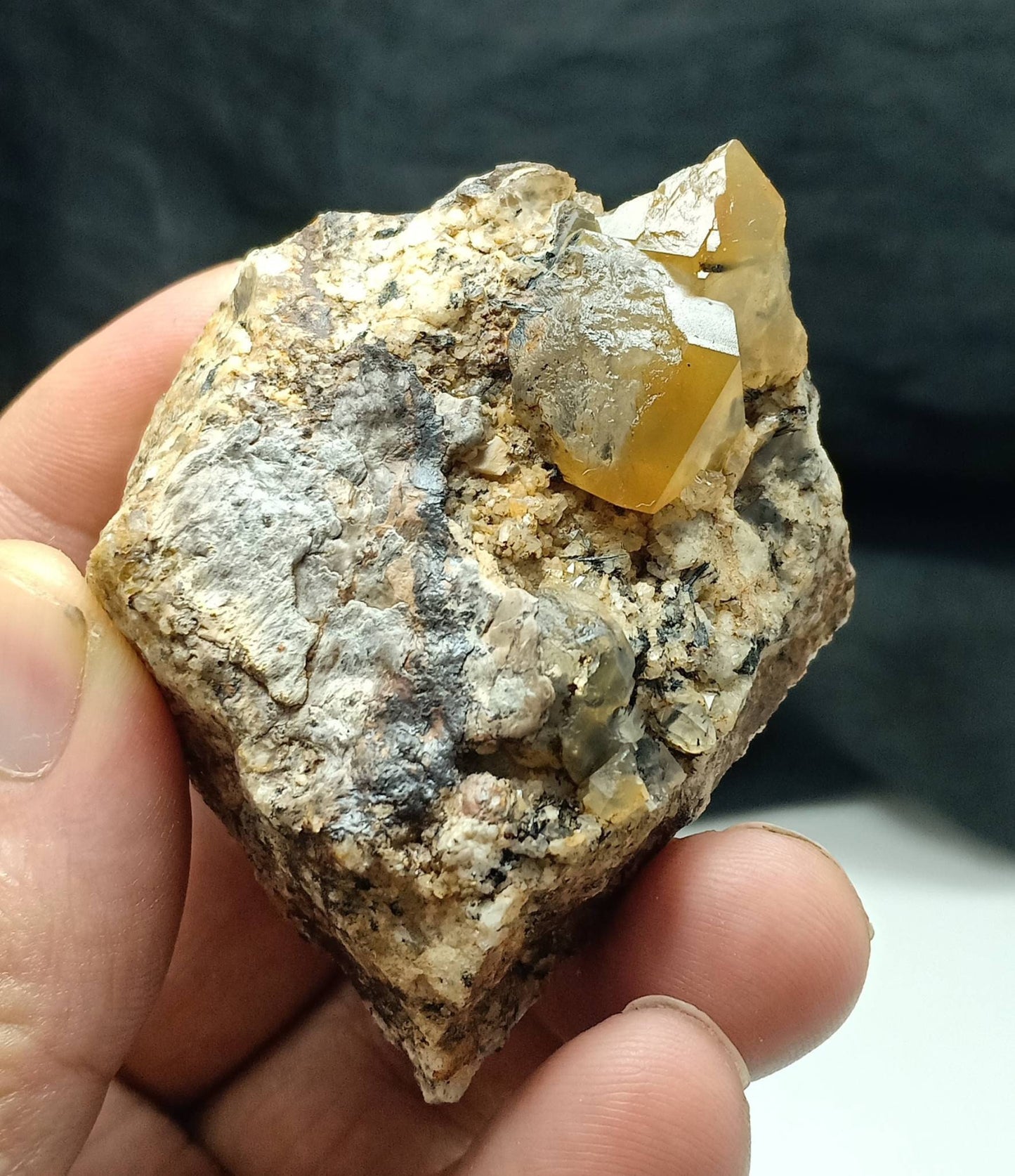 Astrophyllite included terminated Quartz Crystals cluster with aegirine on matrix of granite 144 grams