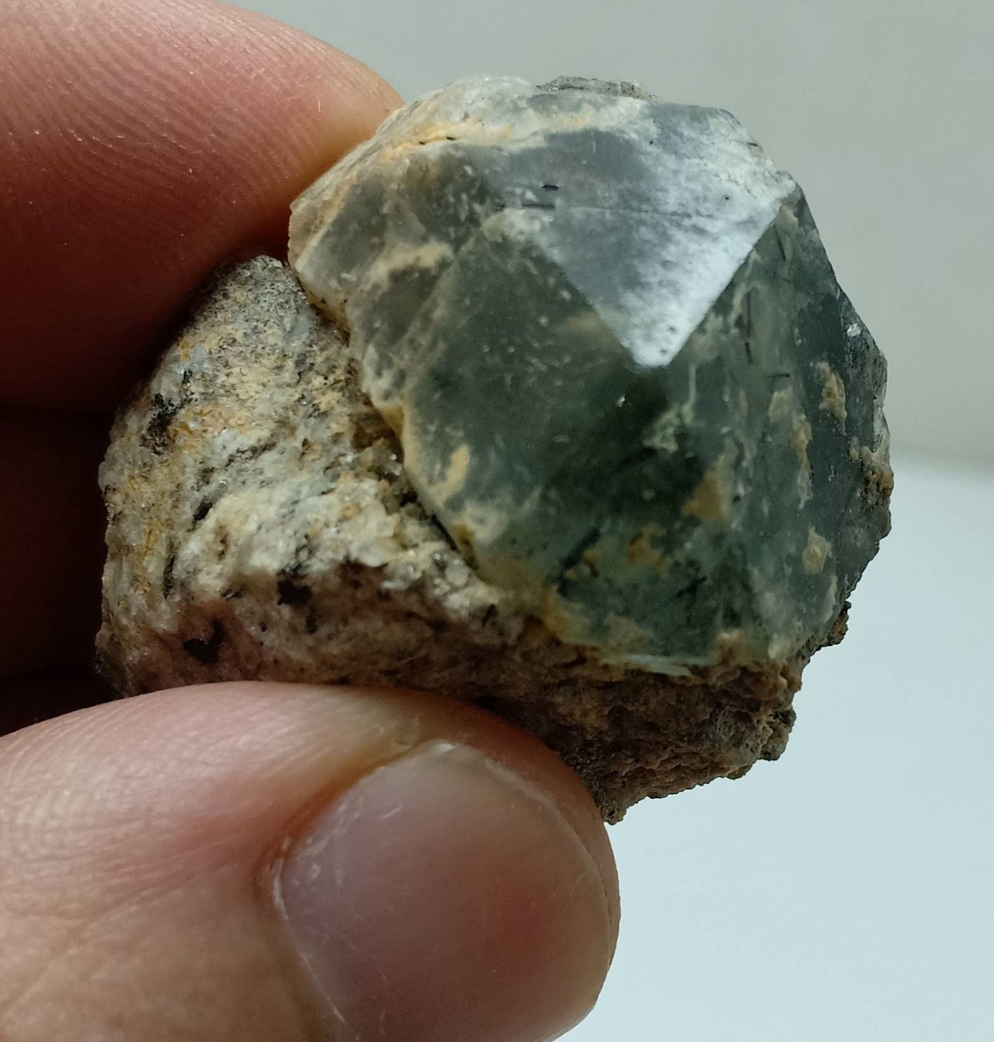 Green Fluorite Crystal specimen with aegirine inclusions on matrix of granite 39 grams
