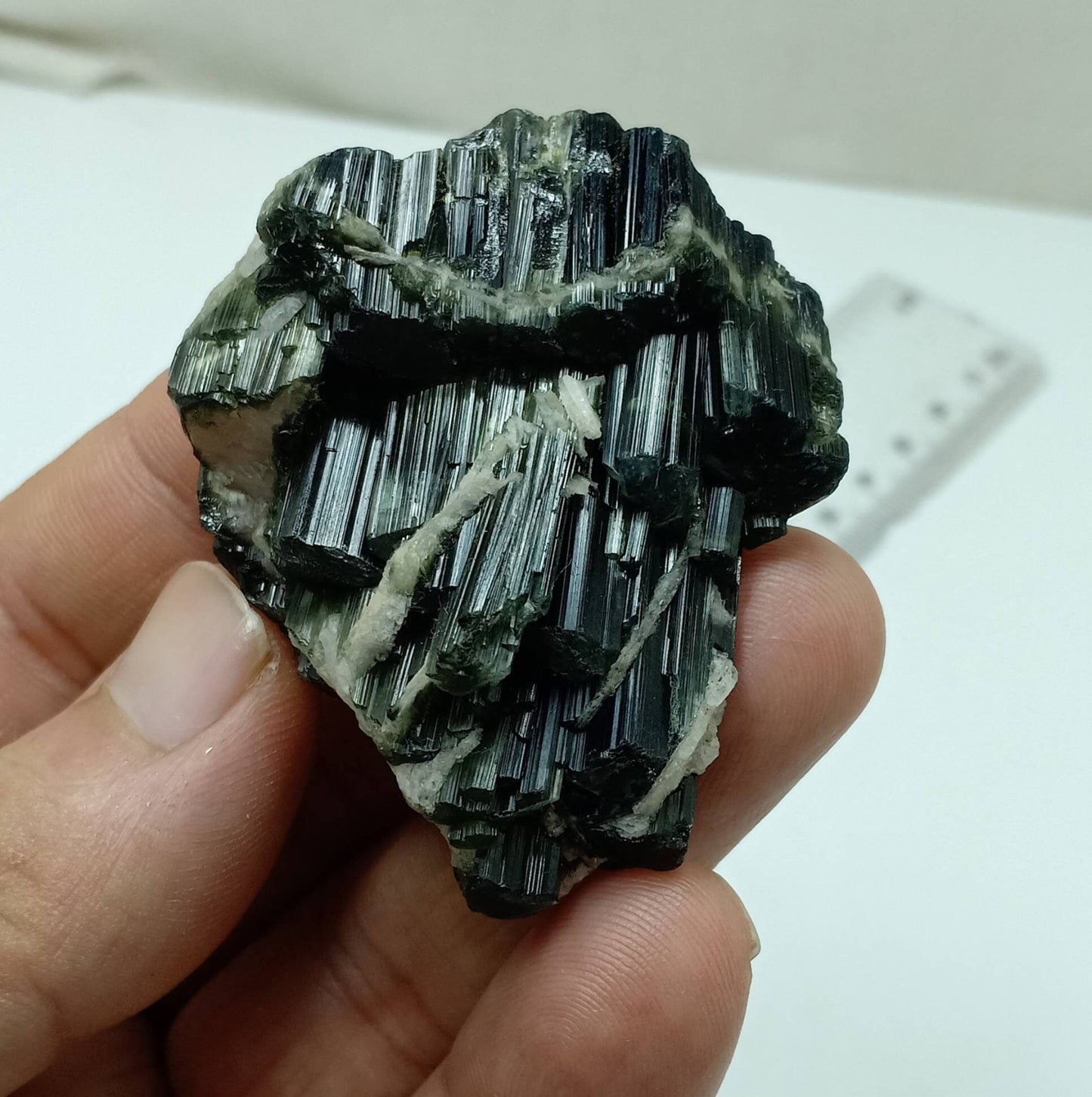 Dark green color Tourmaline crystals cluster with chatoyance effect 60 grams