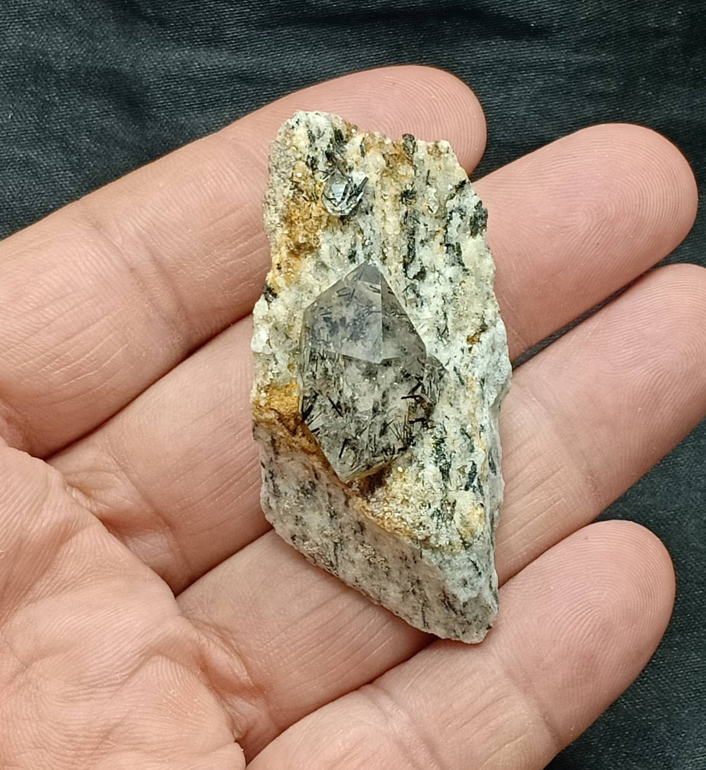 An amazing specimen of aegirine included double terminated Quartz Crystal on matrix of granite 41 grams