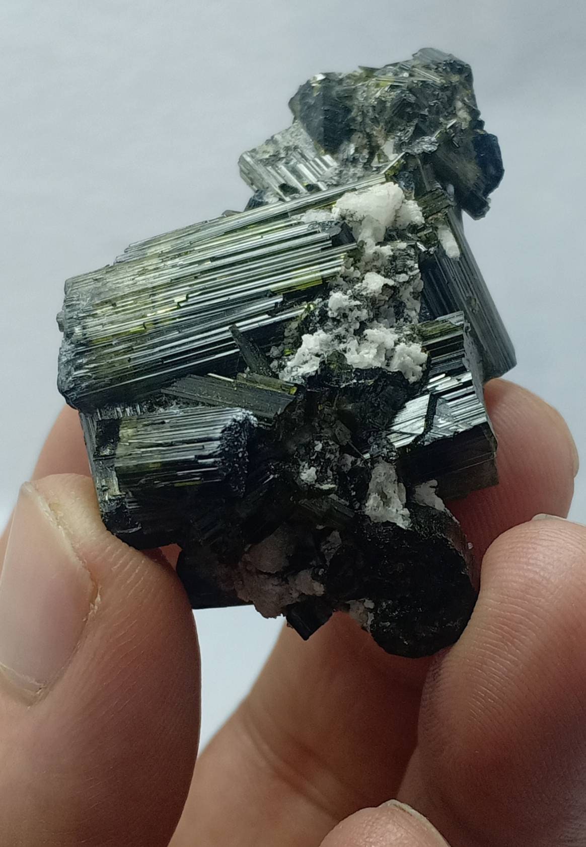 Dark green color Tourmaline crystals cluster with chatoyance effect 47 grams