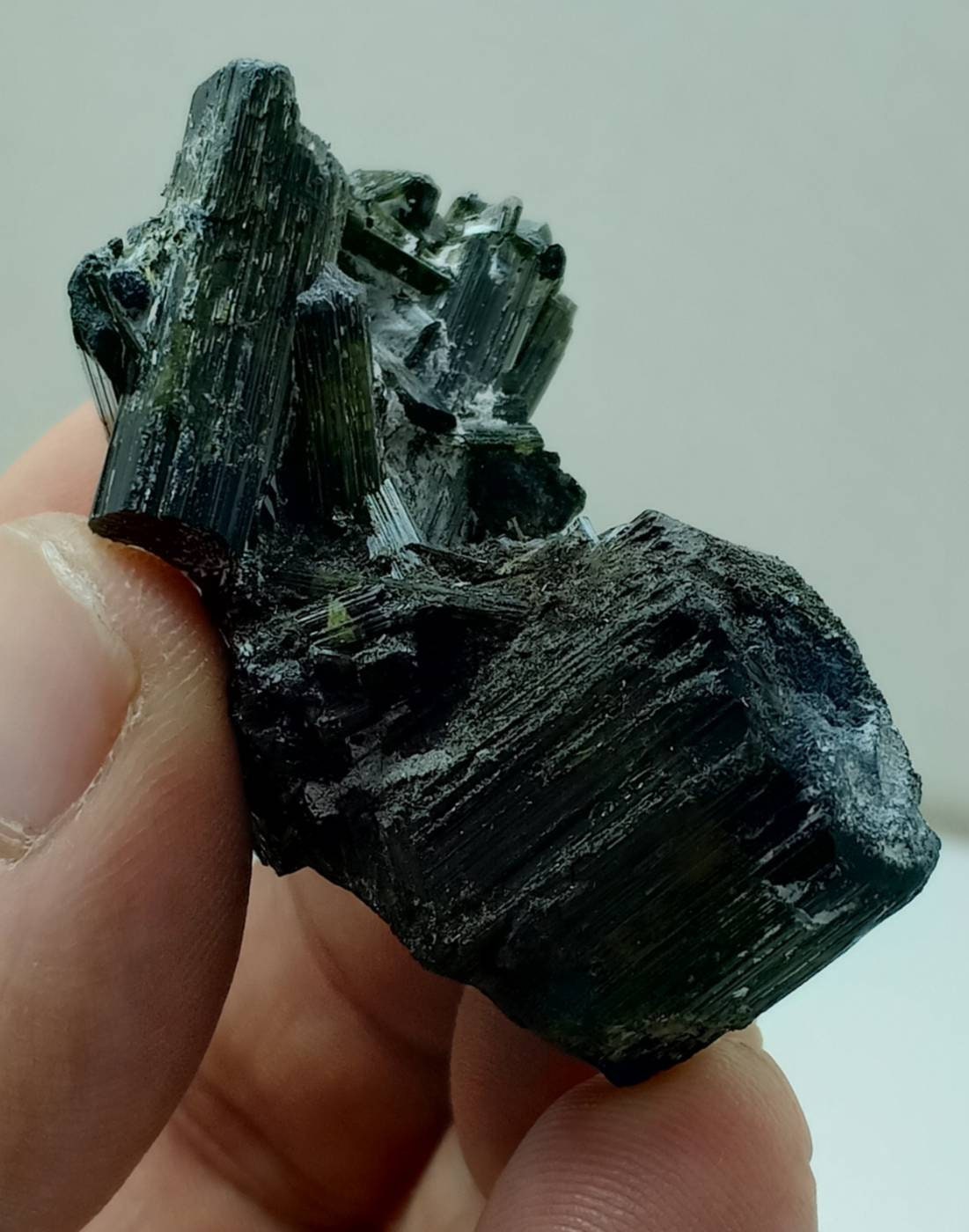 Dark green color Tourmaline crystals cluster with chatoyance effect 51 grams