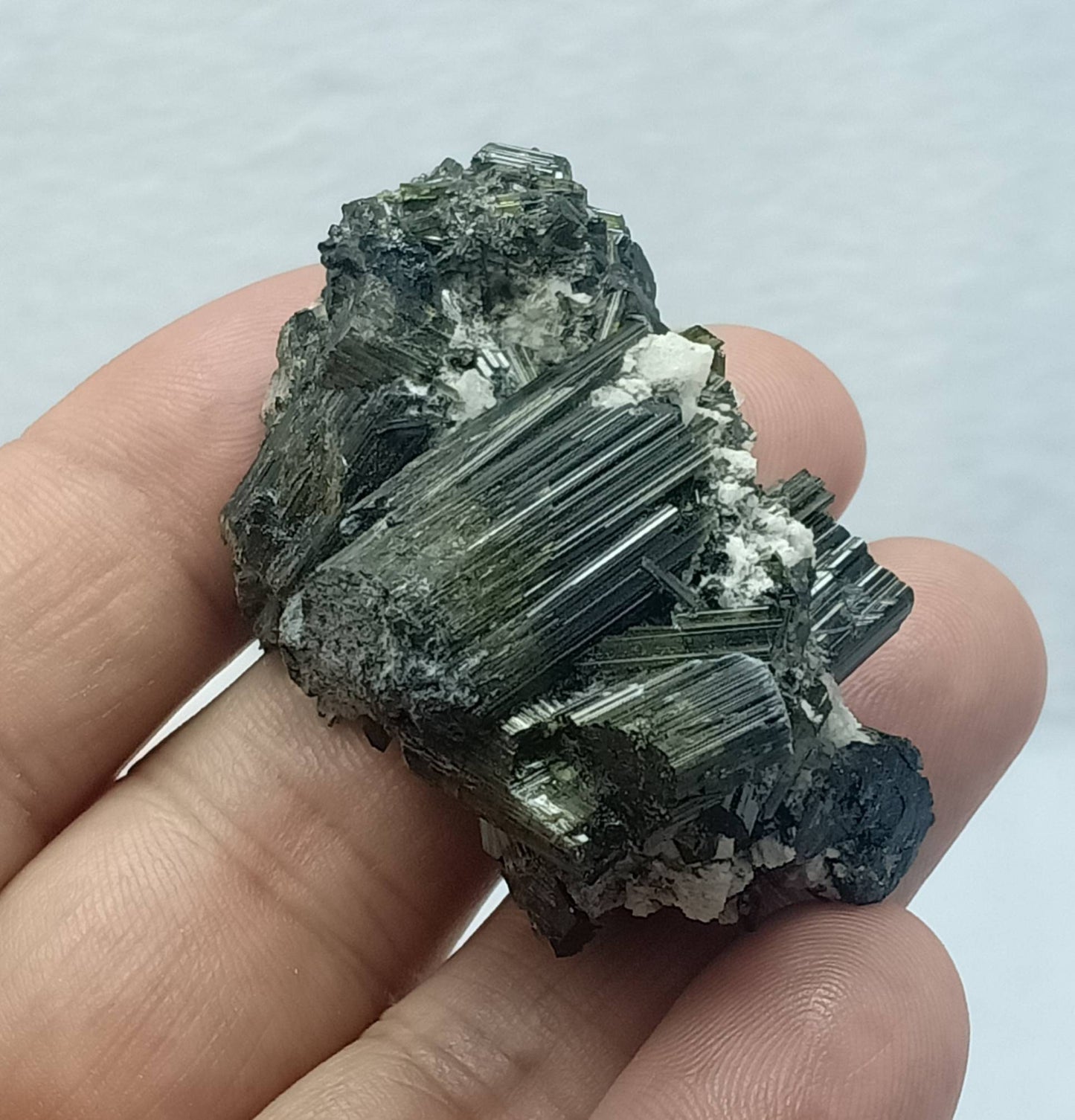Dark green color Tourmaline crystals cluster with chatoyance effect 47 grams