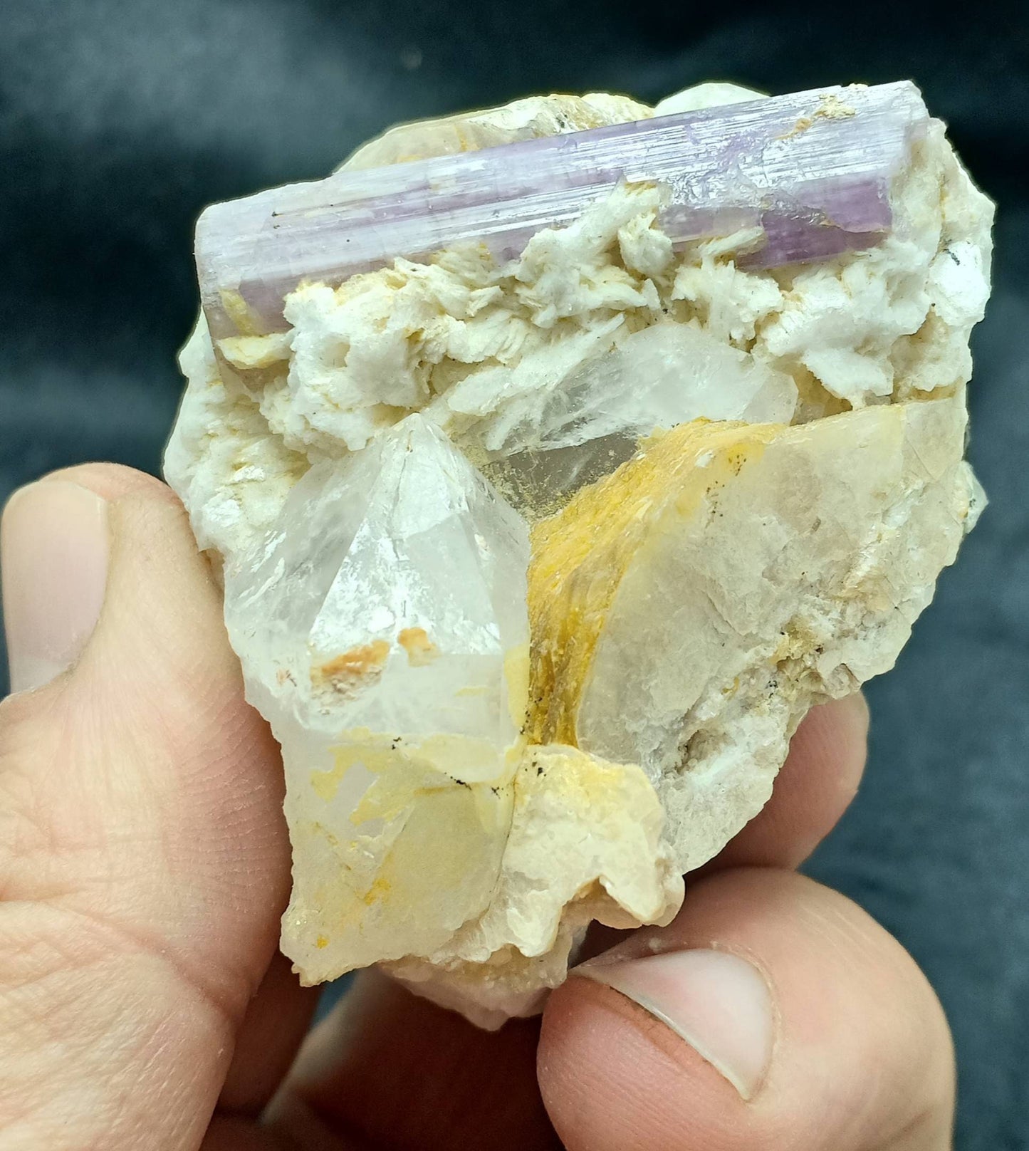 Purple Fluorescent Apatite on matrix with mica, quartz and Schorl 138 grams