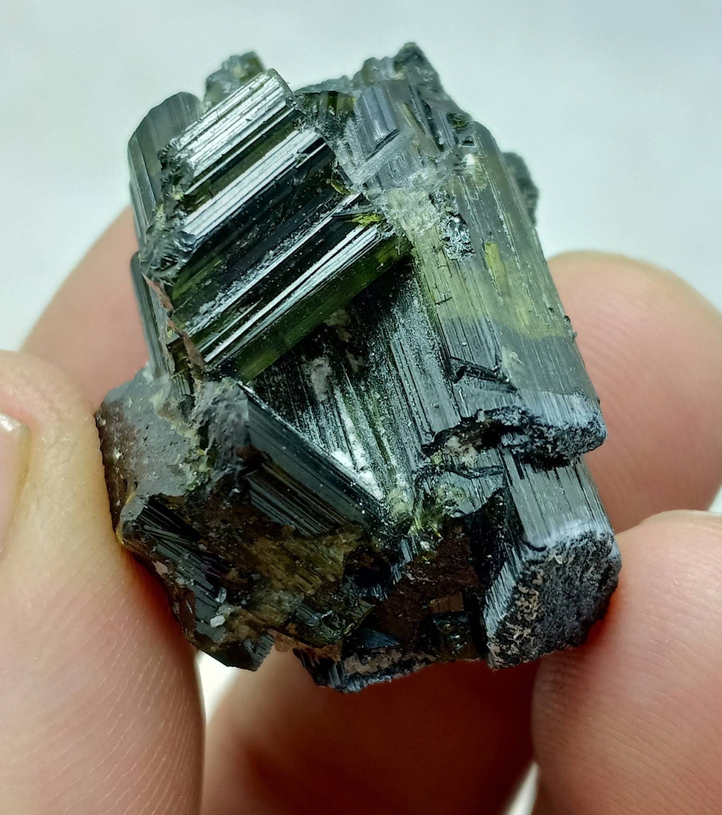 Dark green color Tourmaline crystals cluster with chatoyance effect amazing lustre 26 grams