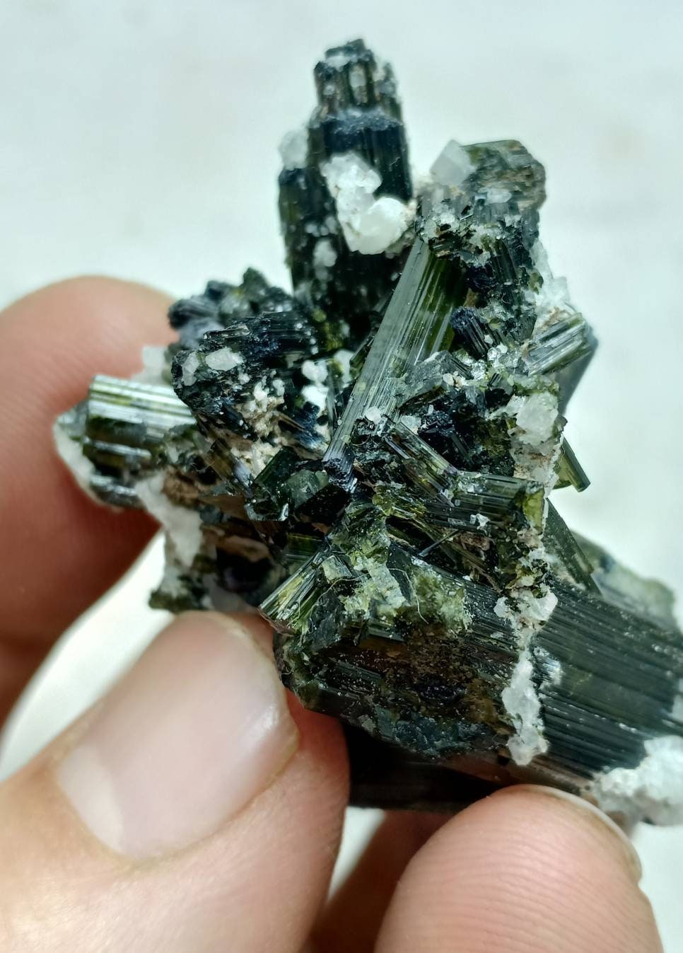 Dark green color Tourmaline crystals cluster with chatoyance effect amazing lustre 34 grams