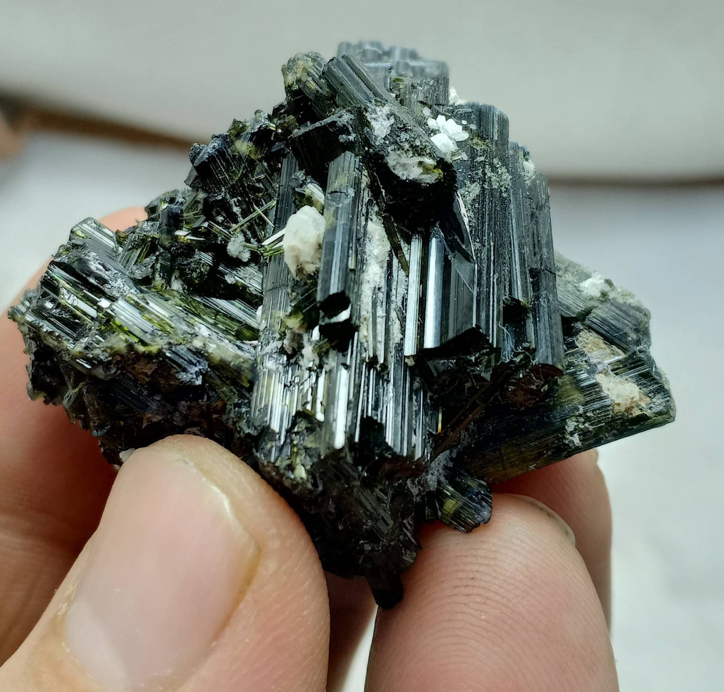 Dark green color Tourmaline crystals cluster with chatoyance effect amazing lustre 50 grams