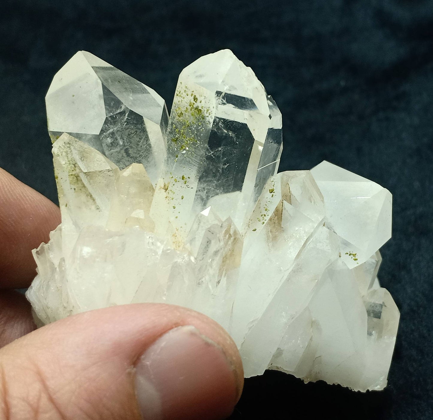 An amazing self standing quartz cluster with Epidote inclusions 160 grams