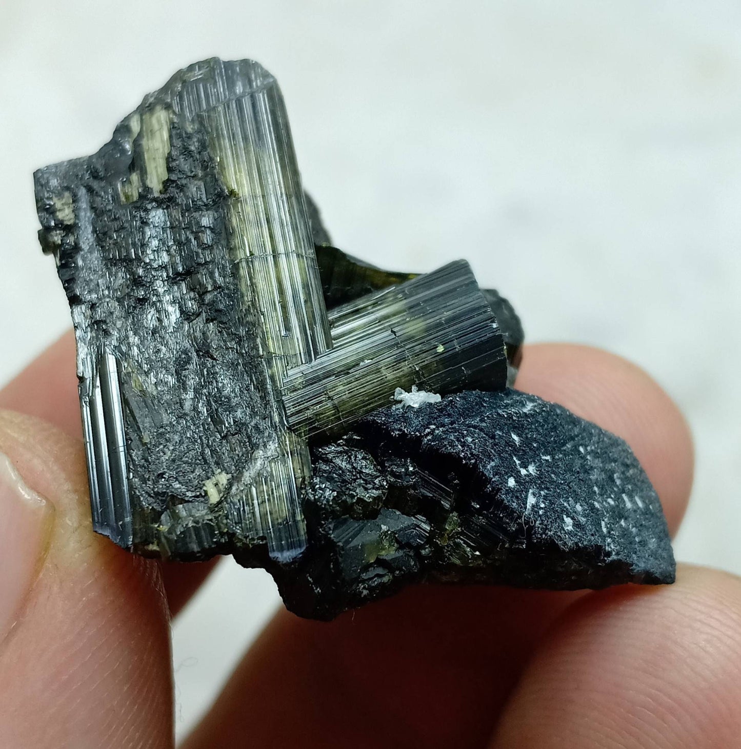 Dark green color Tourmaline crystals cluster with chatoyance effect amazing lustre 19 grams