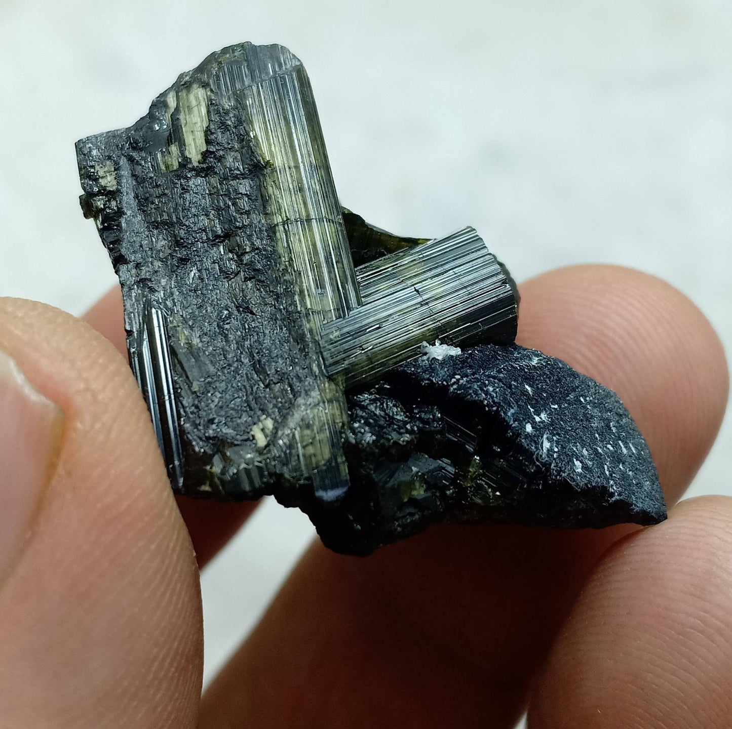 Dark green color Tourmaline crystals cluster with chatoyance effect amazing lustre 19 grams