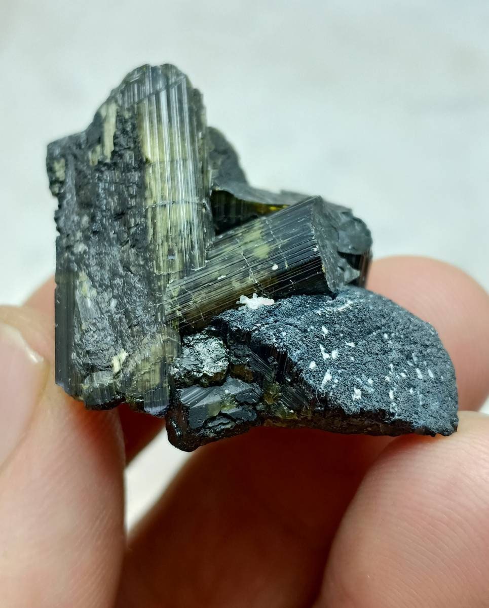 Dark green color Tourmaline crystals cluster with chatoyance effect amazing lustre 19 grams