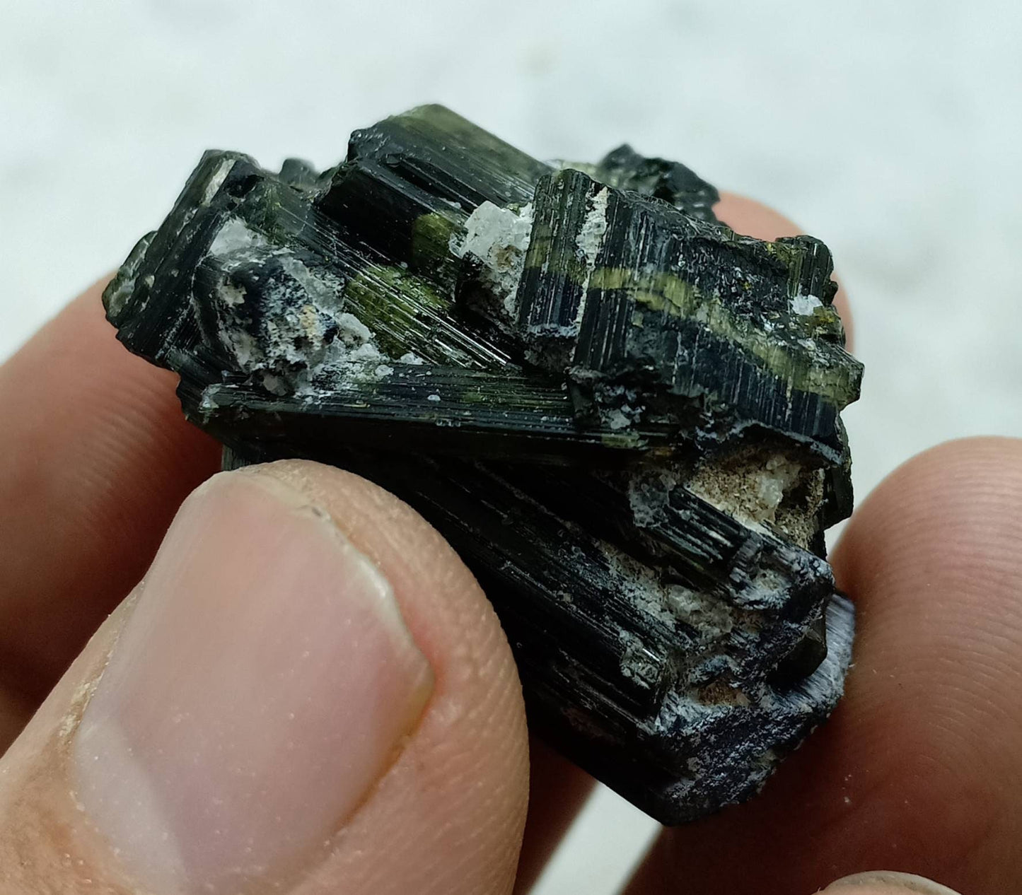 Dark green color Tourmaline crystals cluster with chatoyance effect amazing lustre 26 grams