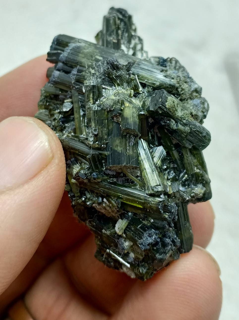 Dark green color Tourmaline crystals cluster with chatoyance effect amazing lustre 35 grams