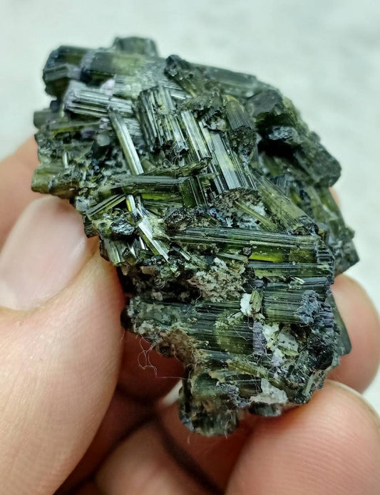 Dark green color Tourmaline crystals cluster with chatoyance effect amazing lustre 35 grams