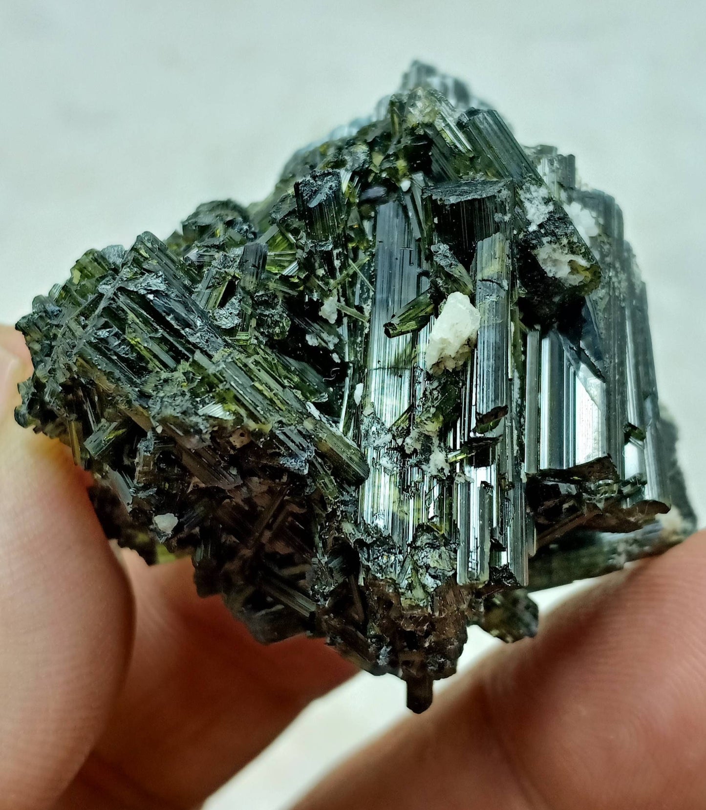 Dark green color Tourmaline crystals cluster with chatoyance effect amazing lustre 50 grams