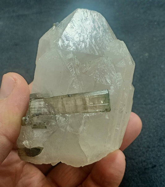 An amazing beautiful specimens of light pink and green Tourmaline embedded in terminated quartz 323g