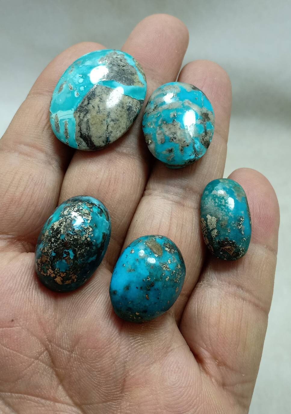 An amazing lot of 5 turquoise with Pyrite Cabochons total 32 grams