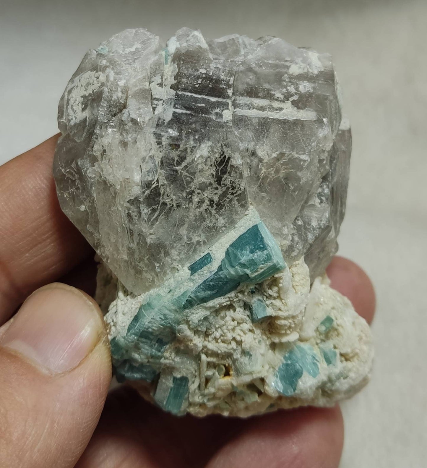 Indicolite Tourmalines crystals with associated smoky Quartz 105 grams