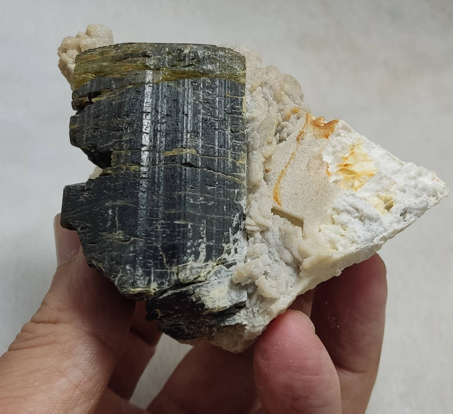 yellow cap Elbaite tourmaline crystal with Albite 389 grams