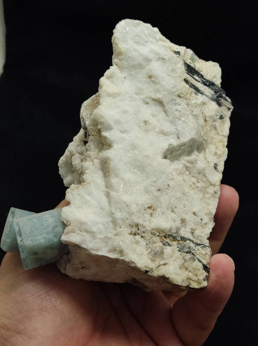 Aesthetic specimen of Aquamarine Crystals with associated tantalite on matrix of Albite, mica and some Schorl 1026 grams