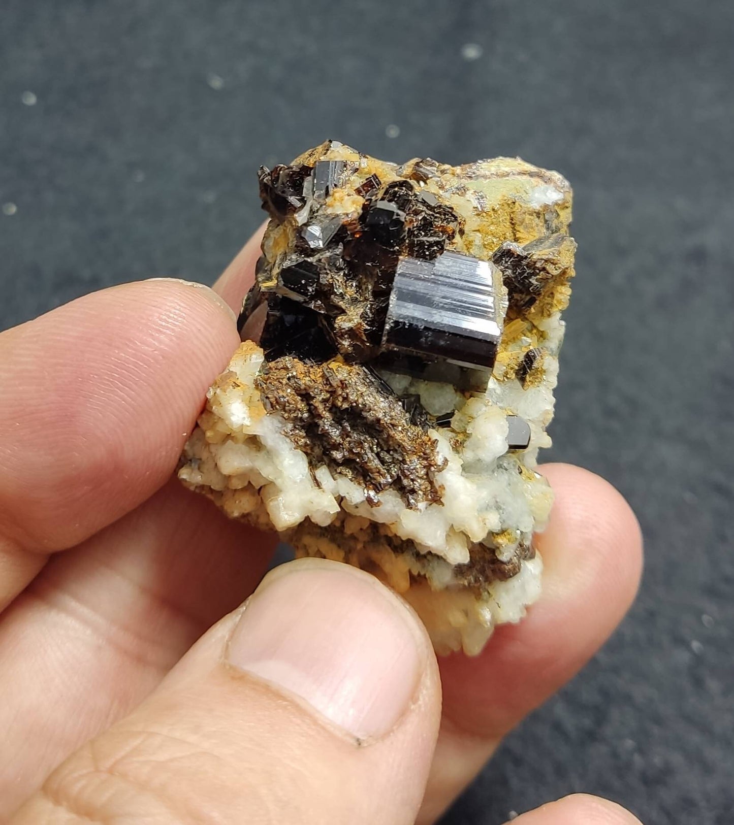 Lusterous crystal specimen of dark brown Vesuvianite on matrix 43 grams