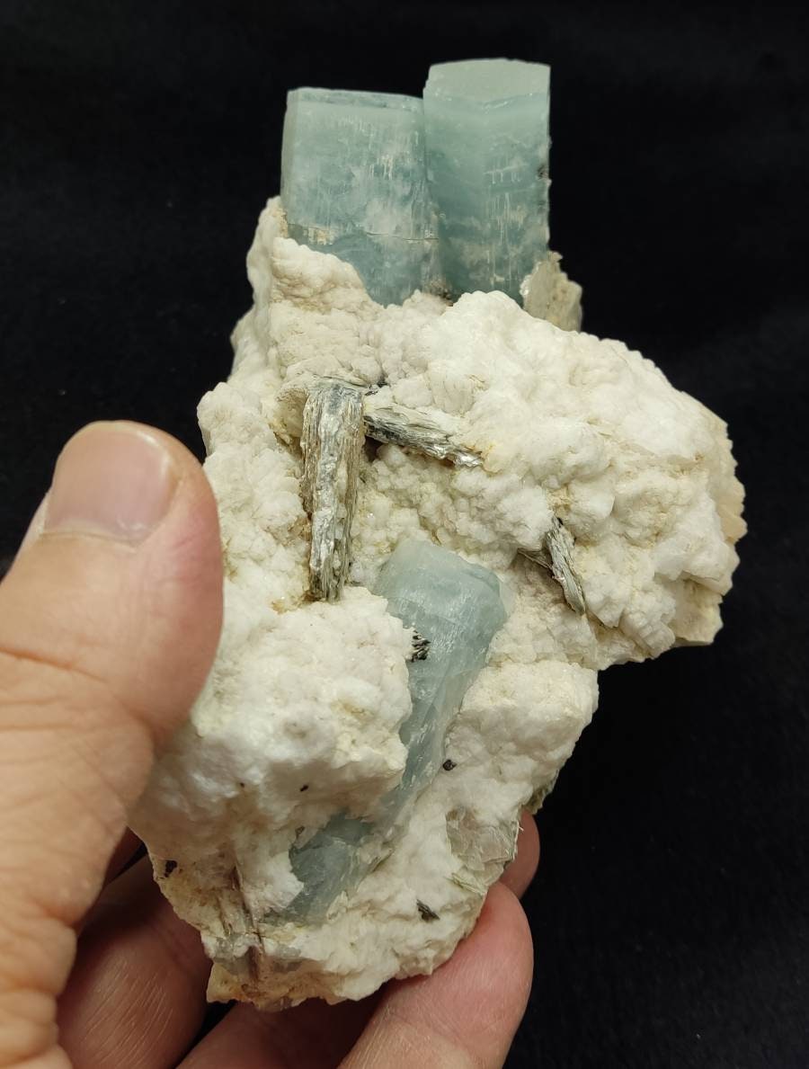 Aesthetic specimen of Aquamarine Crystals with associated tantalite on matrix of Albite, mica and some Schorl 1026 grams