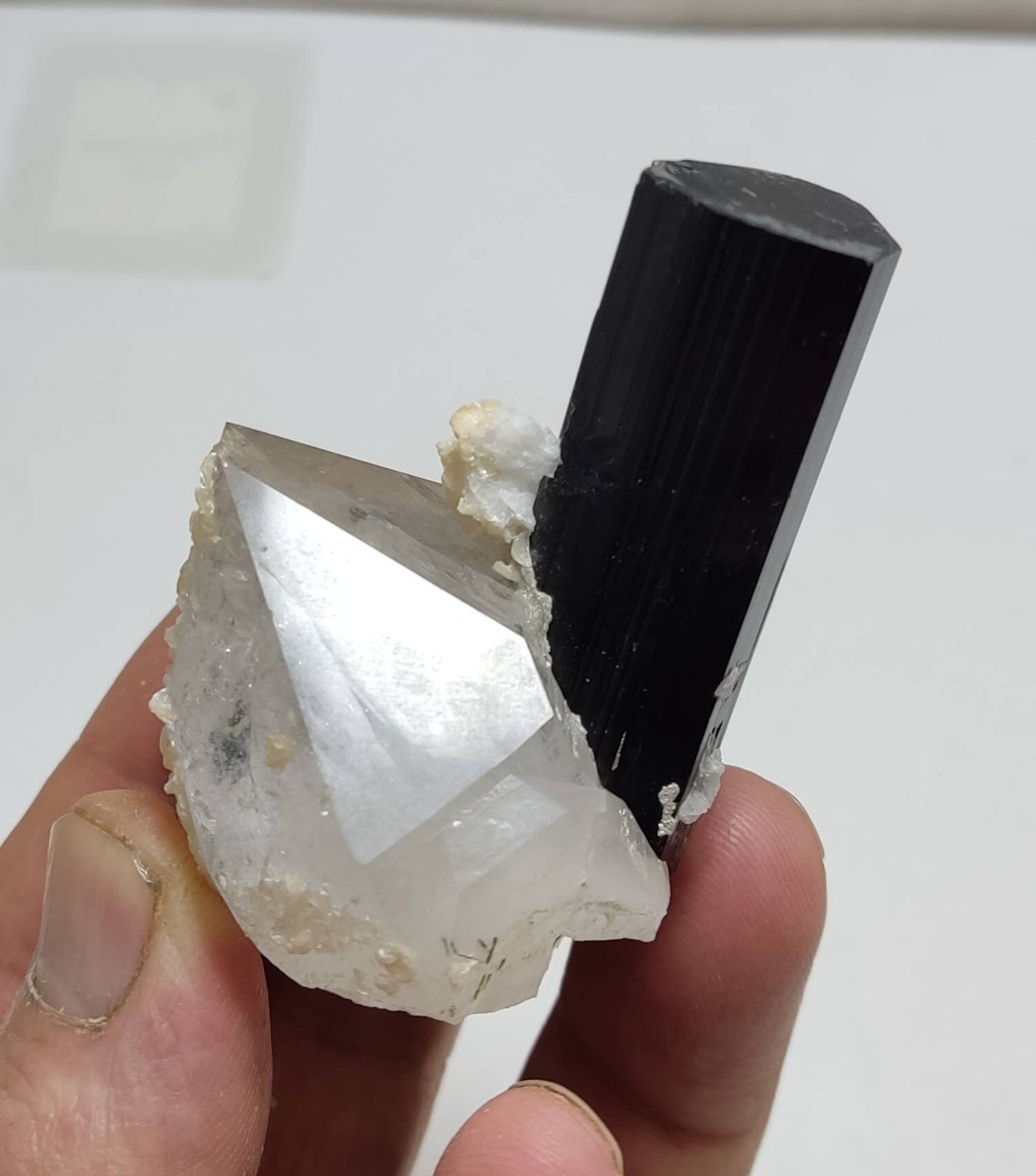 An amazing beautifully terminated specimen of Tourmalines crystals with terminated Quartz crystal and some albite  108 grams