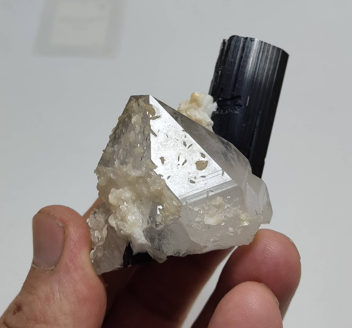 An amazing beautifully terminated specimen of Tourmalines crystals with terminated Quartz crystal and some albite  108 grams