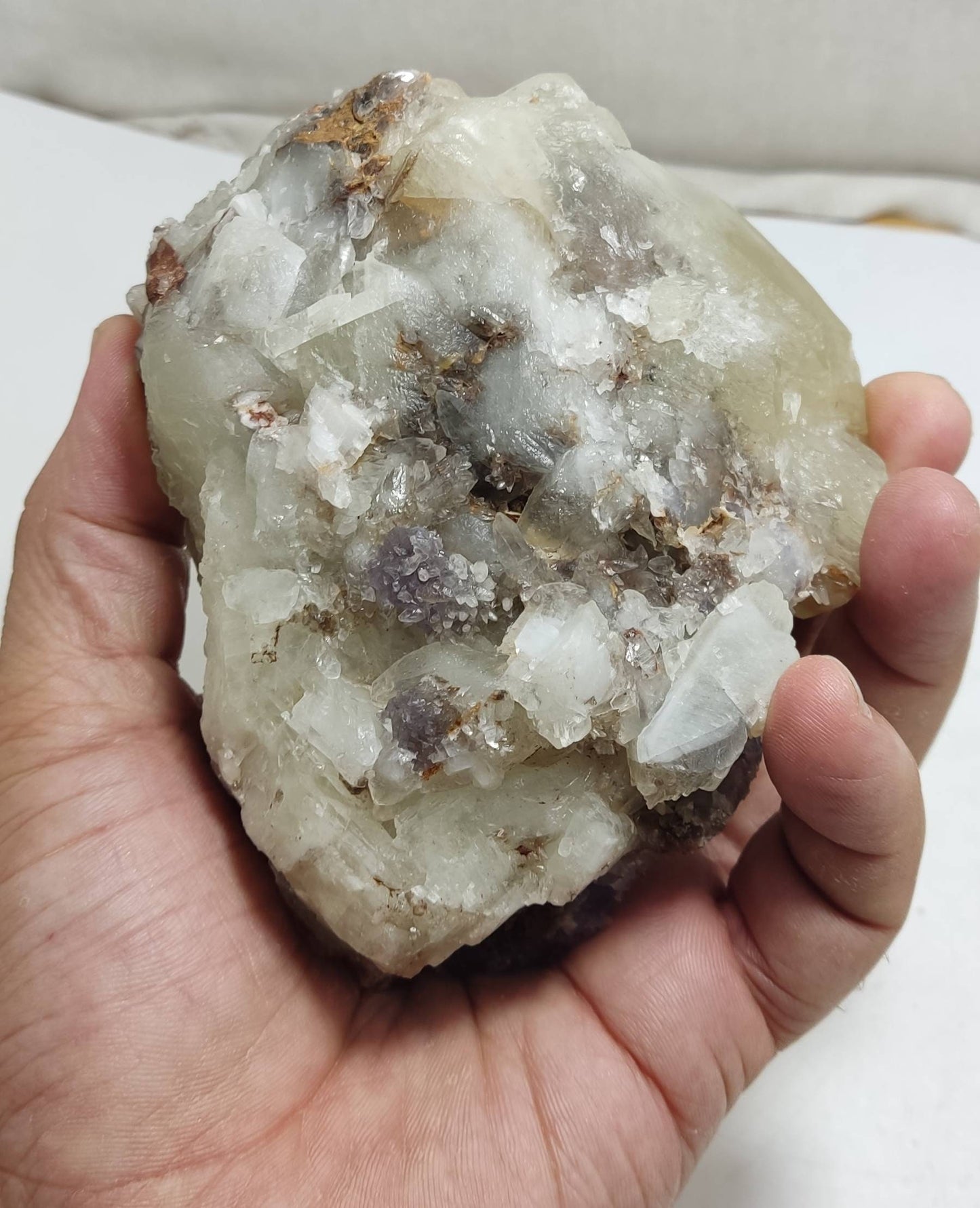 Double terminated calcite crystal on matrix with purple cubic Fluorite crystals 830 grams