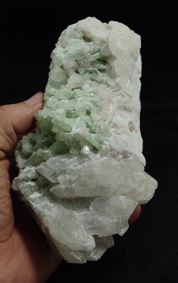 green and light pink color Tourmalines crystals on Quartz 925 grams