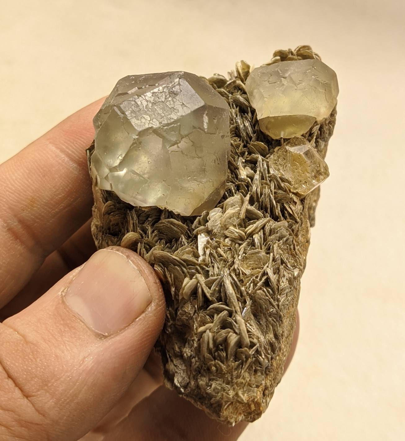 Double terminated Fluorite crystals on matrix with muscovite and goshenite 183 grams