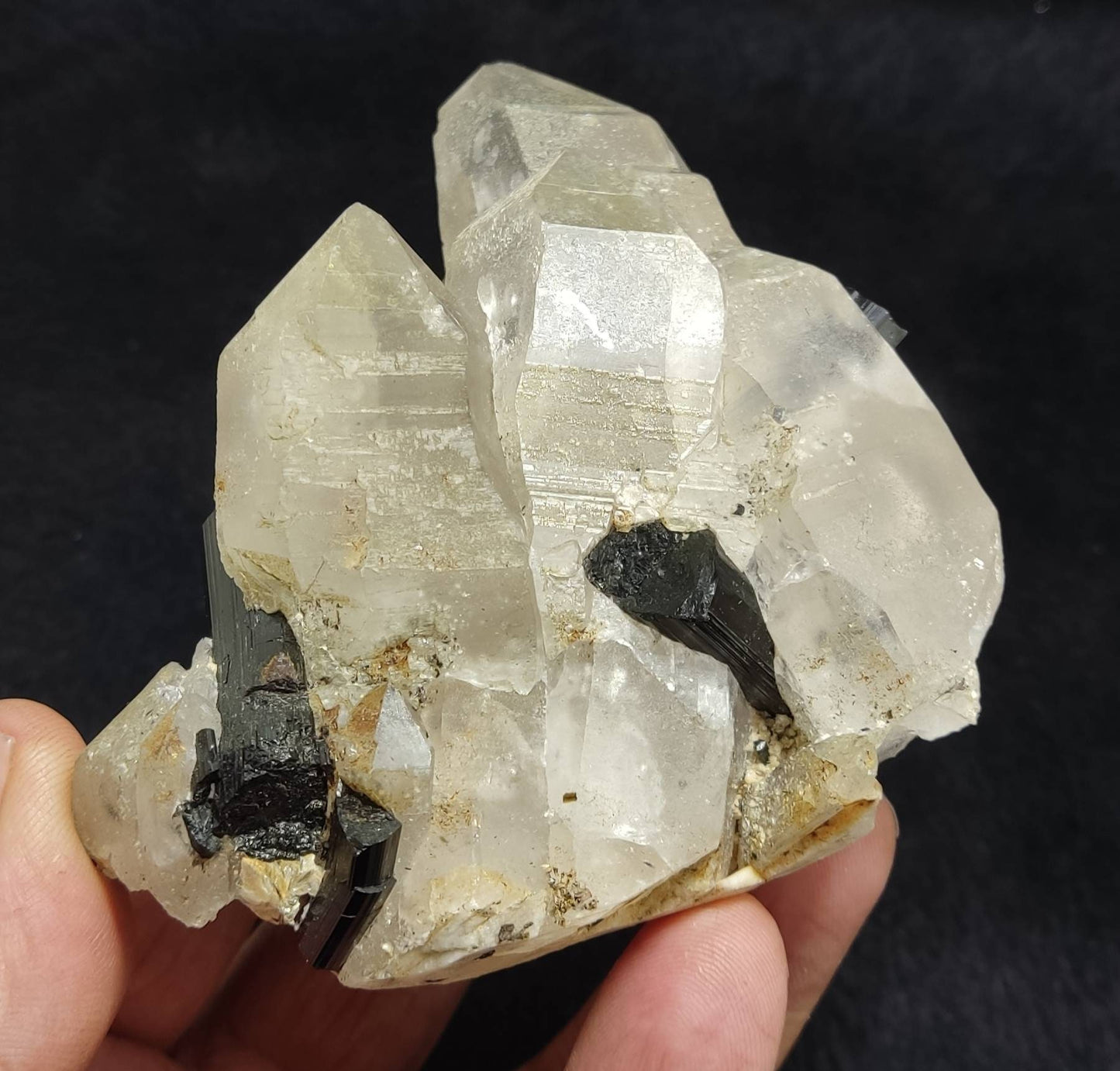 Smoky quartz cluster with Tourmaline crystals 394 grams