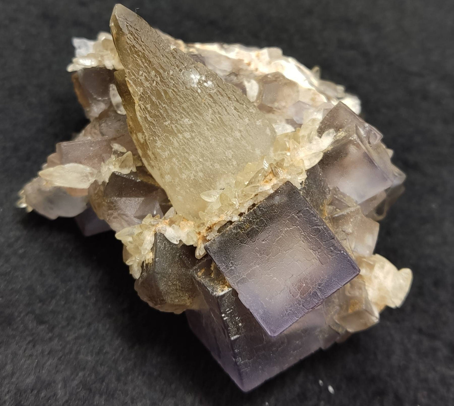 Natural purple cubic Fluorite with dogtooth Calcite 151 grams