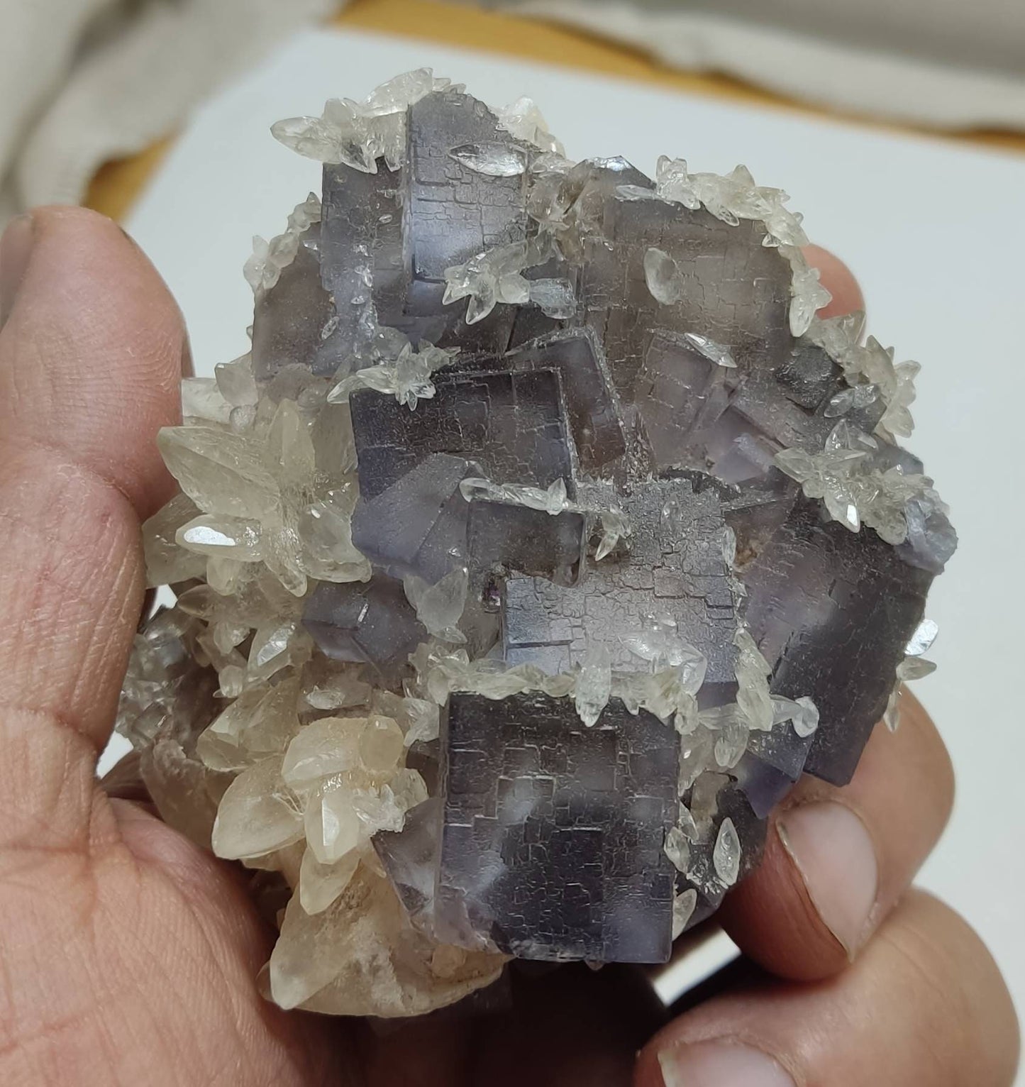 Single natural light purple Fluorite specimen with Calcite on top 270 grams