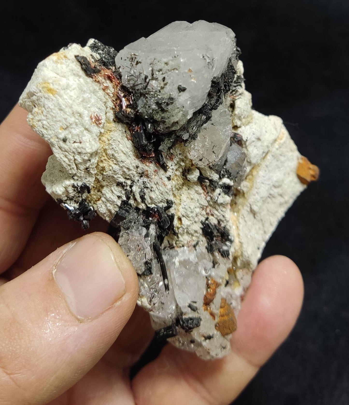 An amazing specimen of black tourmaline, siderite, quartz and Rutile on matrix 170 grams