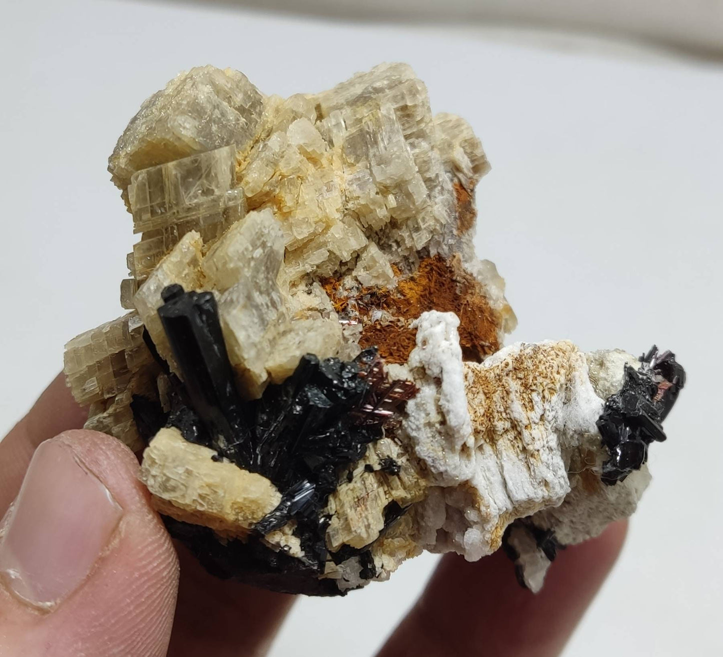 An amazing specimen of black tourmaline, siderite, and Rutile sagenite on matrix 97 grams