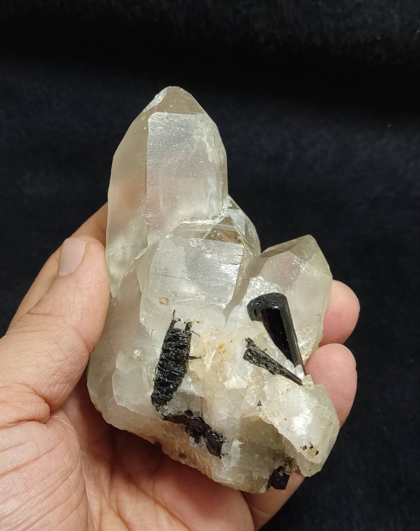 Smoky quartz cluster with Tourmaline crystals 394 grams