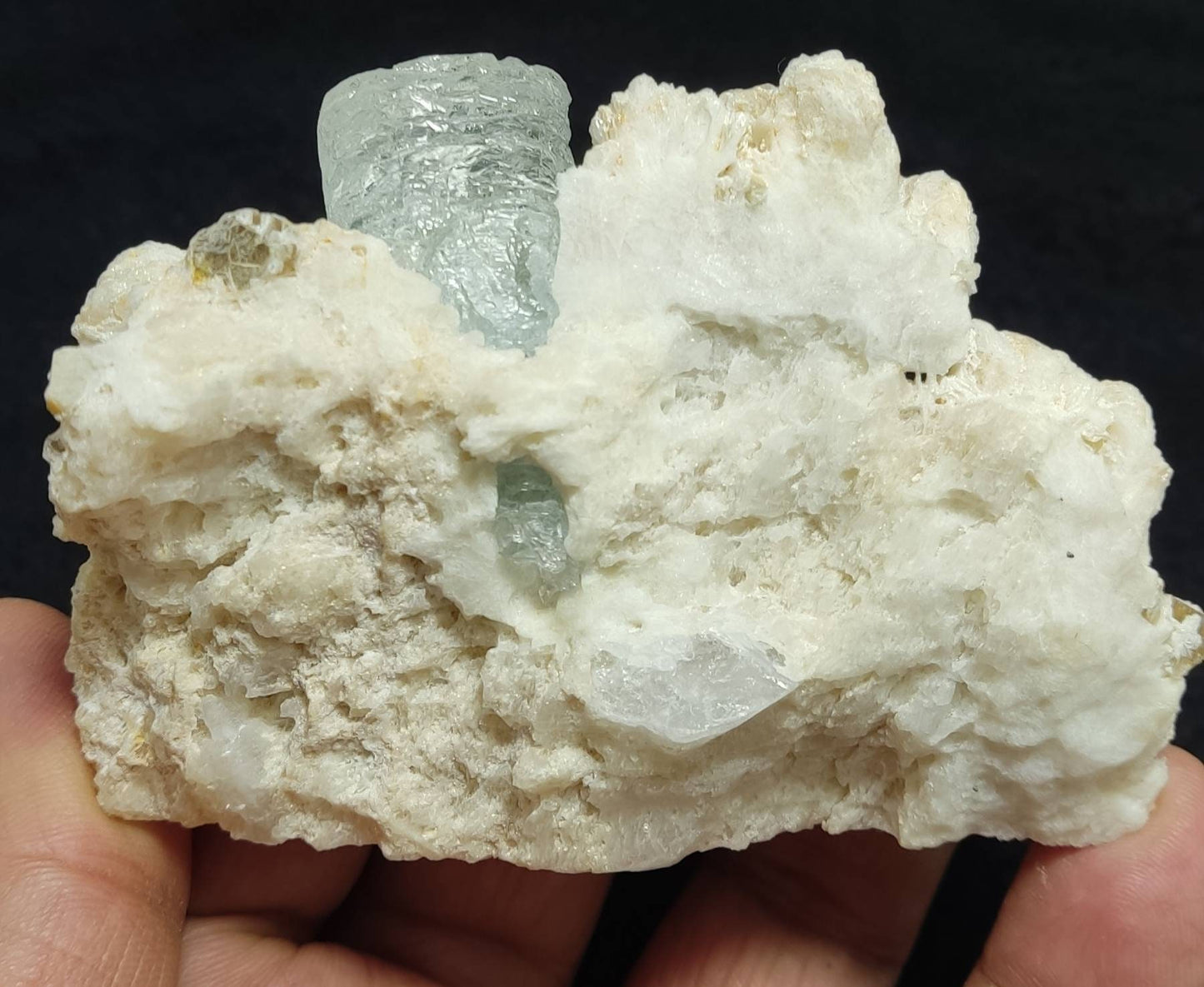 An aesthetic Specimen of etched Aquamarine on matrix with quartz 206 grams