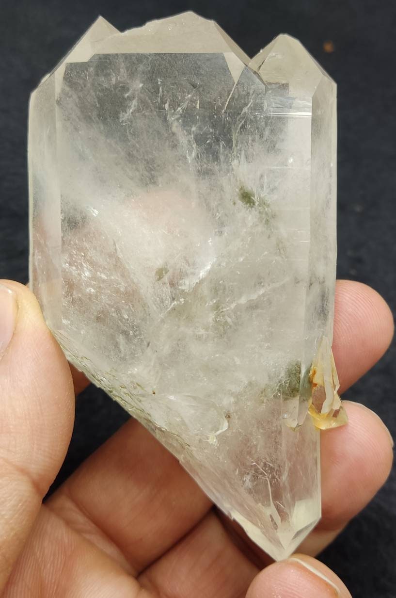 An aesthetic specimen of faden quartz crystal with chlorite inclusions 172 grams