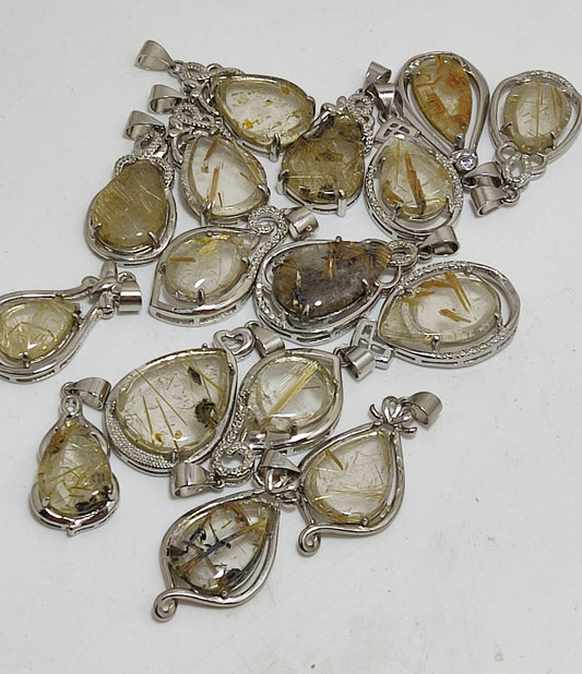 Rutilated polished quartz silver lockets 16 pieces