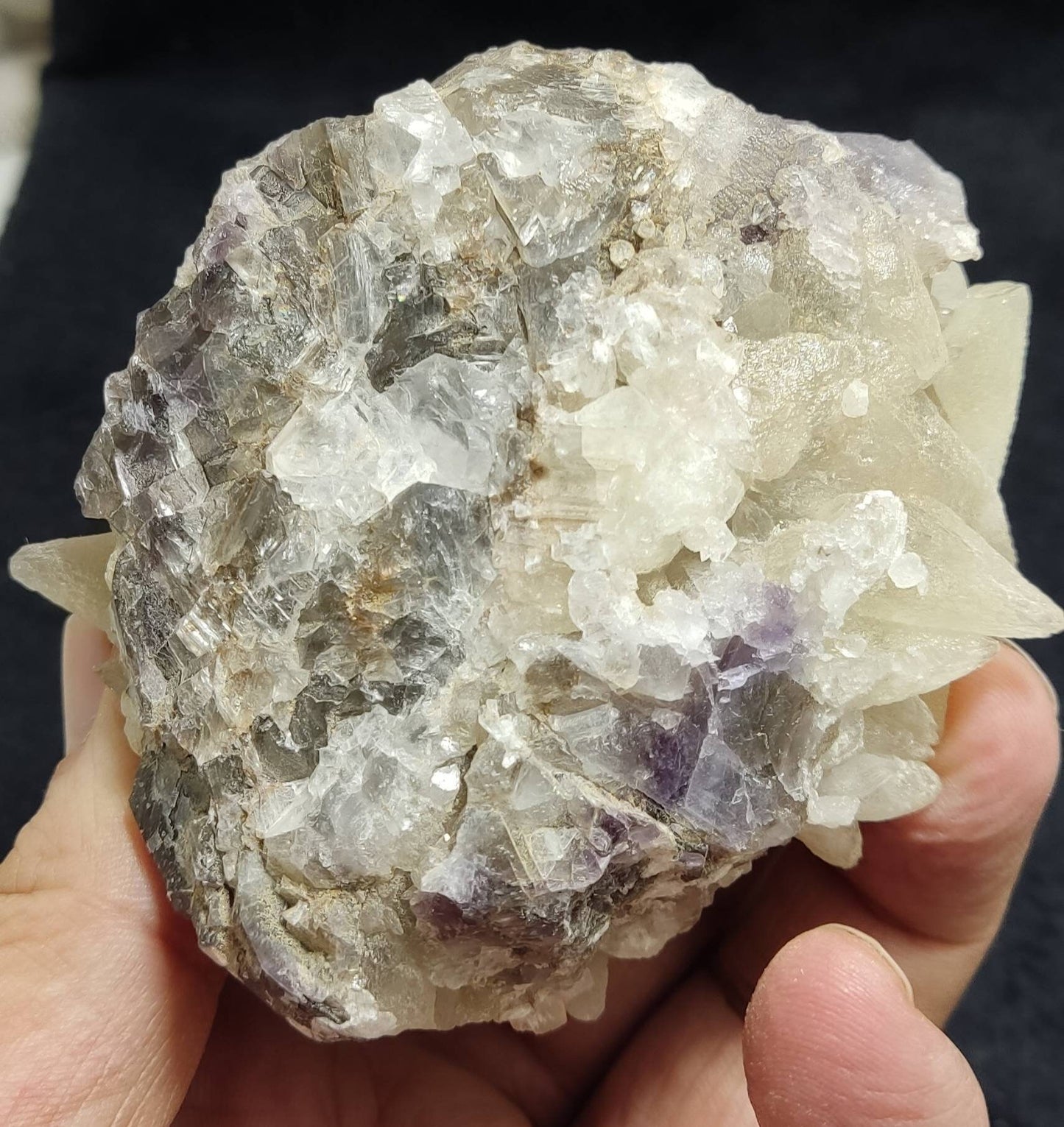 An amazing Single beautiful specimen of grey fluorite with calcite crystals 364 grams