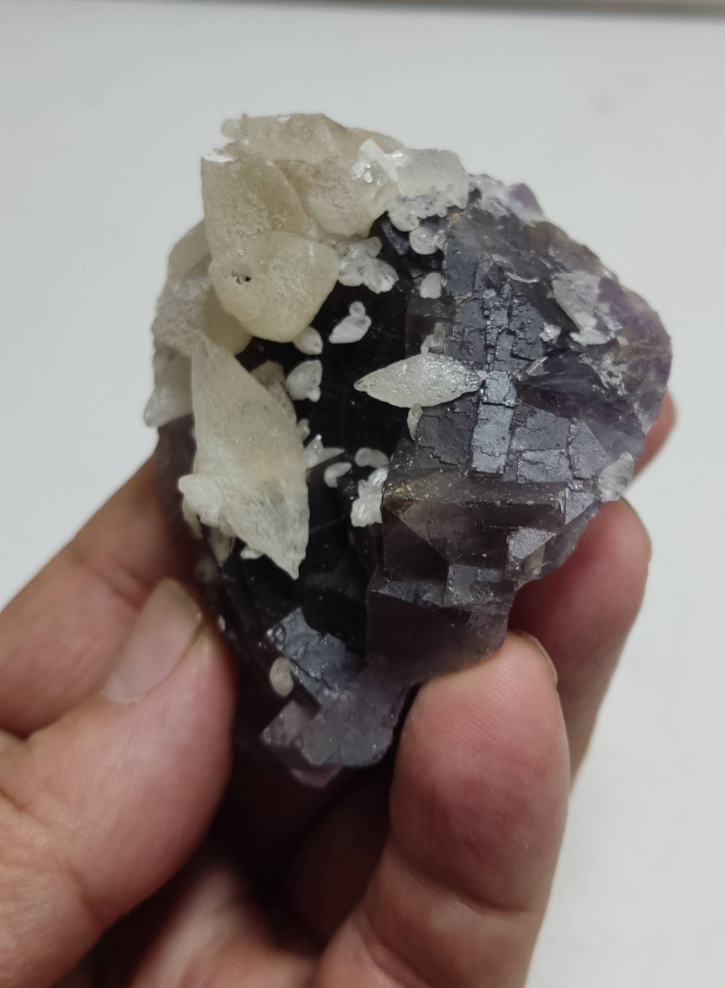 An amazing Single beautiful specimen of grey fluorite with calcite crystals 165 grams