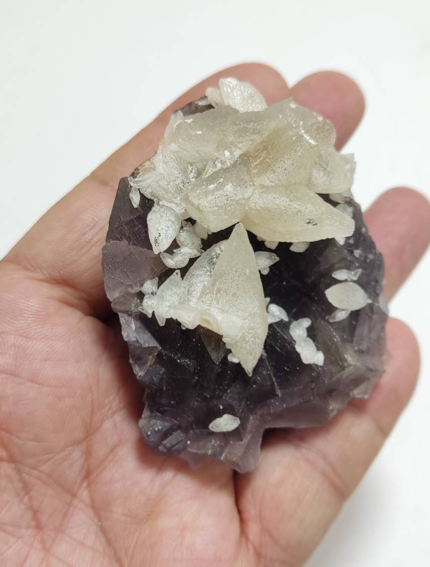 An amazing Single beautiful specimen of grey fluorite with calcite crystals 165 grams