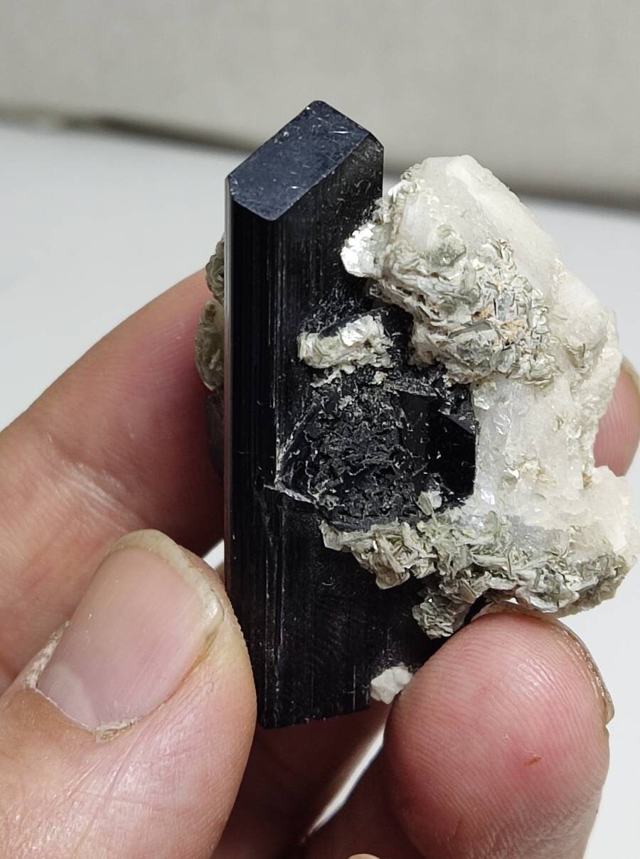 Natural black Tourmaline crystal on matrix with feldspar and muscovite 46 grams